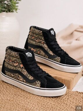 Vans Sk8-Hi High Top Sneakers Black Suede Aztec/Tapestry Print